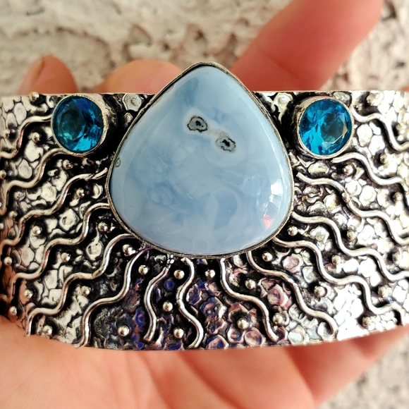 New Owyhee Opal and Blue Topaz 925 Silver Cuff Bracelet. - Picture 2 of 16